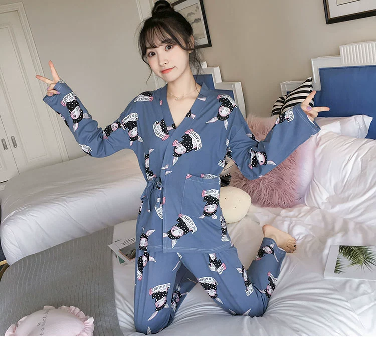 Bộ đồ ngủ nữ mùa xuân và mùa thu phiên bản Hàn Quốc của kimono cotton dài tay ngọt ngào dịch vụ gia đình hai mảnh áo choàng XL có thể được mặc đồ ngủ thu đông ấm áp