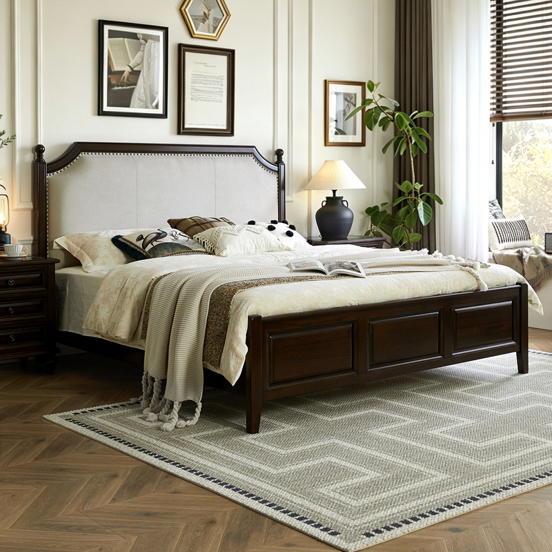 Kanas American-Style Solid Wood Bed with Soft Upholstery, Country Vintage Master Bedroom Double Bed, 1.8m Large Bed, Natural Wood Furniture Kanas American-Style Solid Wood Bed with Soft Upholstery, Country Vintage Master Bedroom Double Bed, 1.8m Large Bed, Natural Wood Furniture