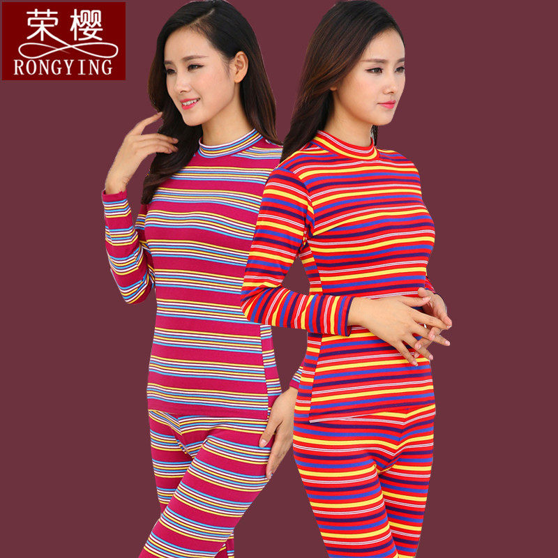 Autumn clothes sanitary pants Women's suit Cotton semi-turtleneck striped middle-aged plus size cotton sweater heating clothes thin section