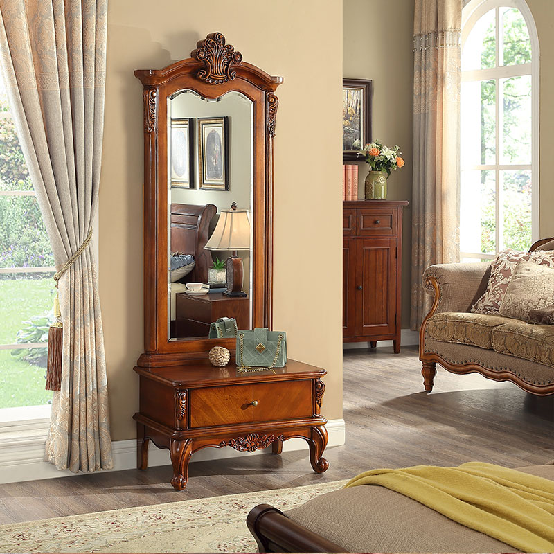 European solid wood dressing mirror full body floor mirror American retro dressing mirror bedroom home fitting mirror simple mirror