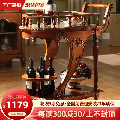 European style solid wood hand push mobile food delivery car American small cart dining room hotel double wine stand tea car