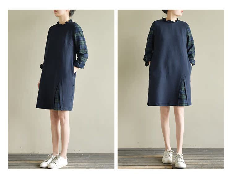 Sản xuất tự nhiên Công suất hoa bất ngờ lỏng lẻo ren cổ áo kẻ sọc khâu màu sắc một từ áo sơ mi đầm kiểu váy chữ a