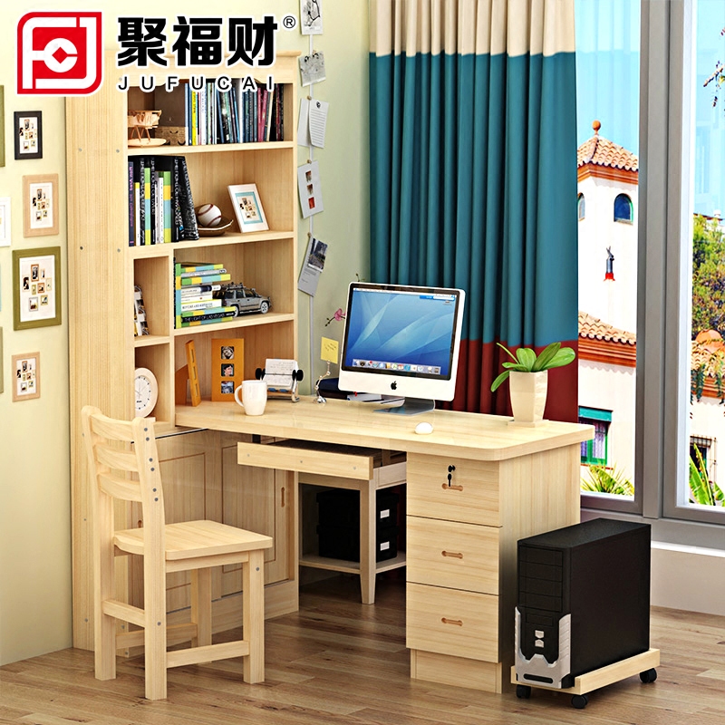 Poly Fofu Solid Wood Corner Desk Multifunction Combination Learning Desk Bookshelf Bookcase Bookcase Home Pine Wood Desk