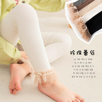 Spring and Autumn Girls Cotton Pearl Lace Leggings Children Wear Foreign Princess Nine Long Pants White Thin
