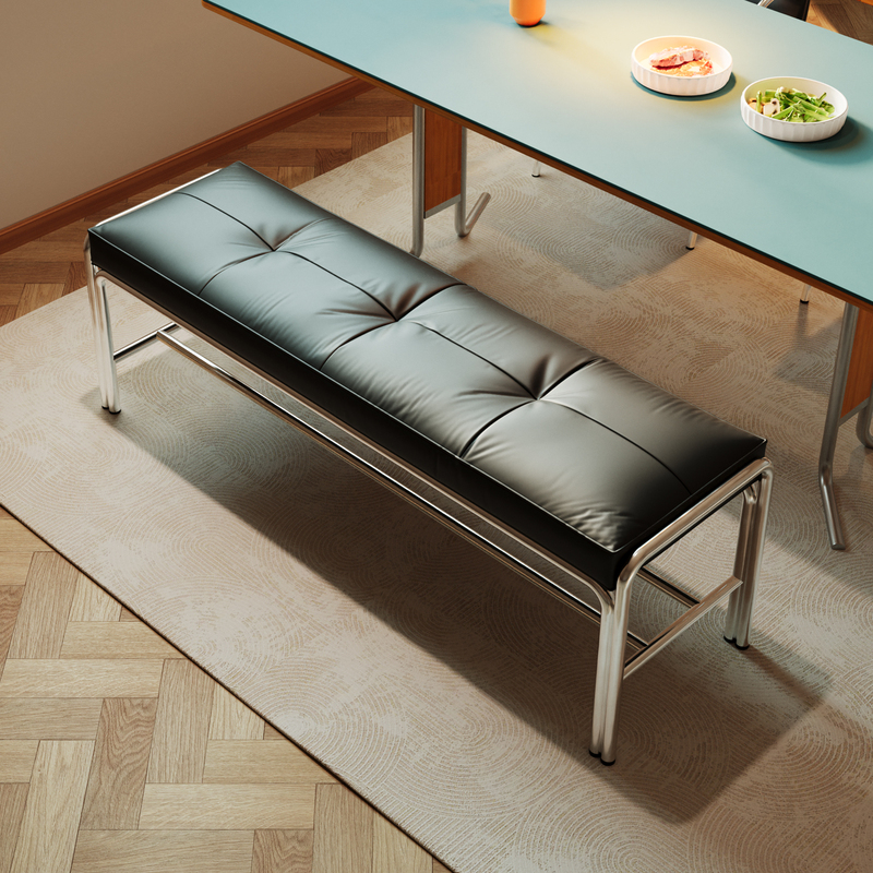 Basha │ Simple Modern Dining Chair, Leather Bench, Bauhaus Home Soft Bench, Stainless Steel Bed End Stool