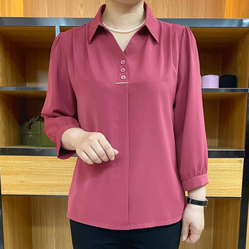 Spring and Summer New Fashion Stylish Small Square Collar Solid Color Blouse Women's Loose Slimming Turn-Down Collar Shirt Top Mom's Clothing