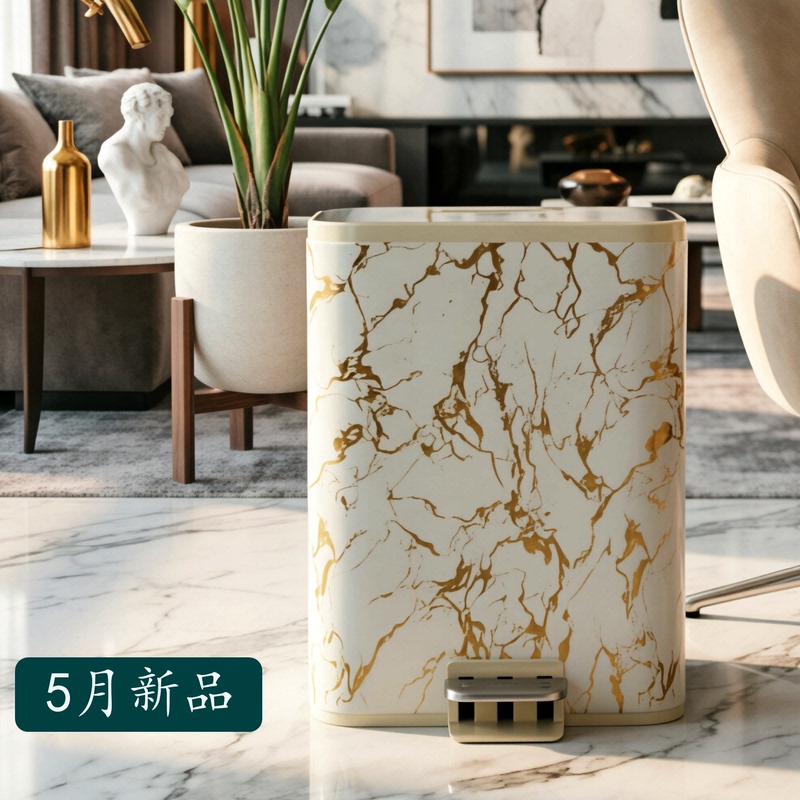 Italian Minimalist Marble-Patterned Trash Can with Foot-Operated Lid, Stainless Steel, Living Room, Modern Designer Style, Square, Light Luxury Italian Minimalist Marble-Patterned Trash Can with Foot-Operated Lid, Stainless Steel, Living Room, Modern Designer Style, Square, Light Luxury