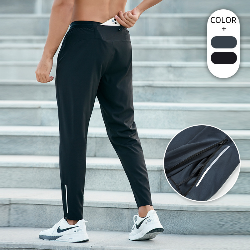 Spring and Summer Outdoor Sports Pants for Men, Thin Casual Quick-Dry Running Fitness Pants, Elastic Breathable Reflective Phone Waist Pouch
