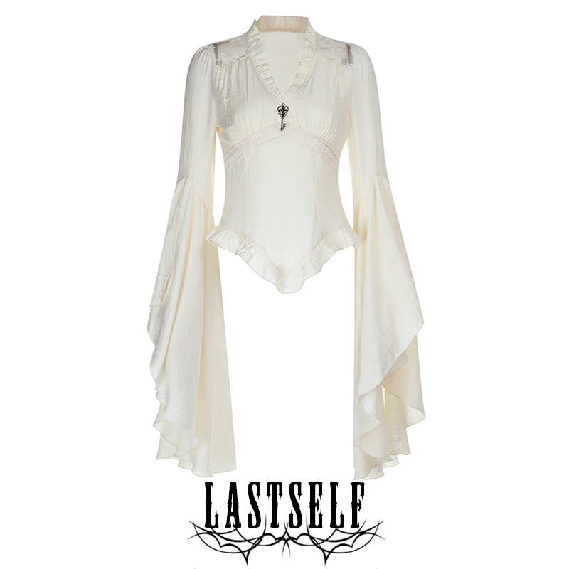 Lastself Rose Lady Medieval Retro Ruffled V-Neck Lace Patchwork Waist-Cinching Flared Sleeve Blouse