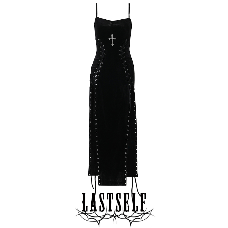 Lastself Dark Lady Sexy High Slit Strap Design Dress Hot Girl Velvet Strap Long Dress