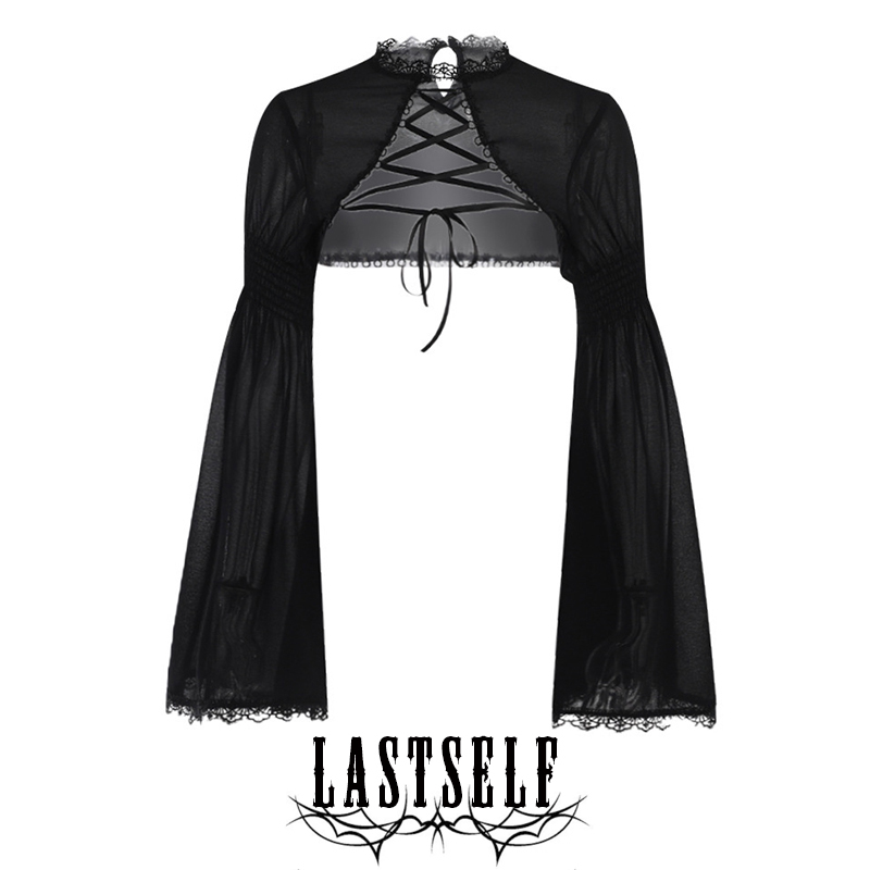 Lastself Satin Blade Dream Lace Patchwork Tie-Up Blouse for Women, Dark Style, Elegant Outerwear, Ultra-Short Top