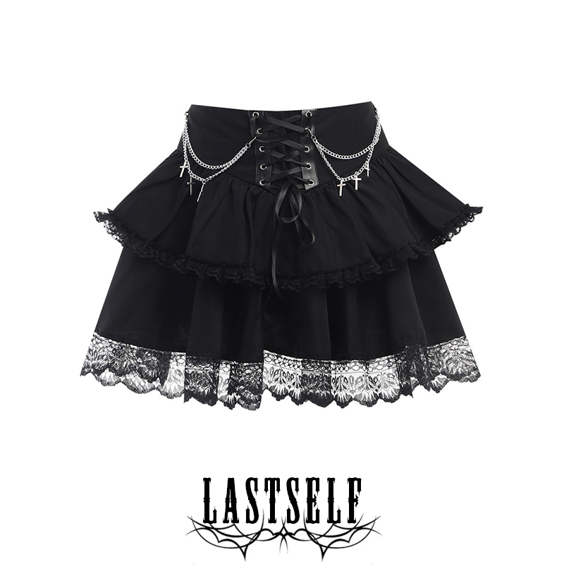 Lastself Punk Black Butterfly Chain Strap Lace Cake Skirt Vintage Gothic Style A-Line Skirt