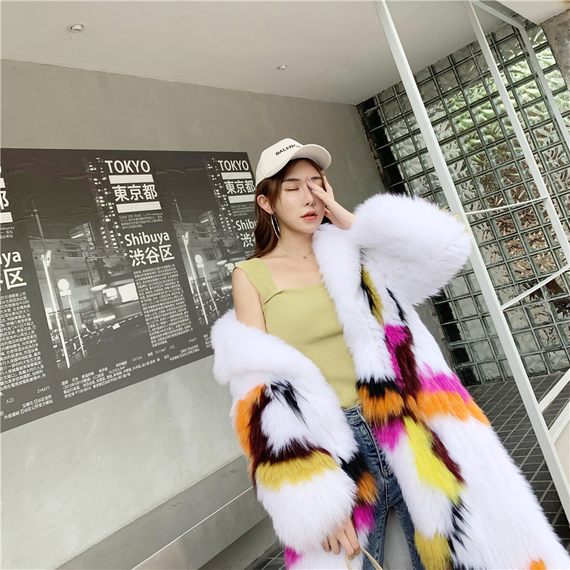 2022 new fur imported fox fur woven fur coat women's mid-length hooded fur coat contrast color woven
