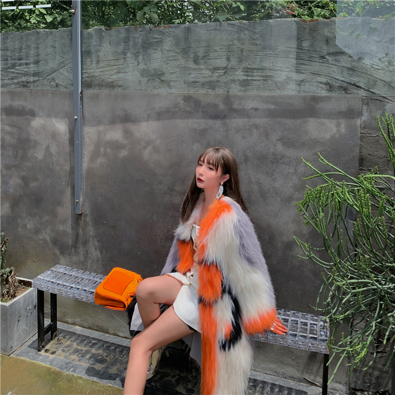 2022 new trendy catwalk big brand raccoon fur woven fur mid-length fox fur coat women's autumn and winter coat