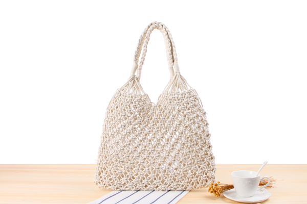 New Solid Color One-shoulder Woven Straw Cotton Rope Net Pocket Beach Bag 35*48cm display picture 1