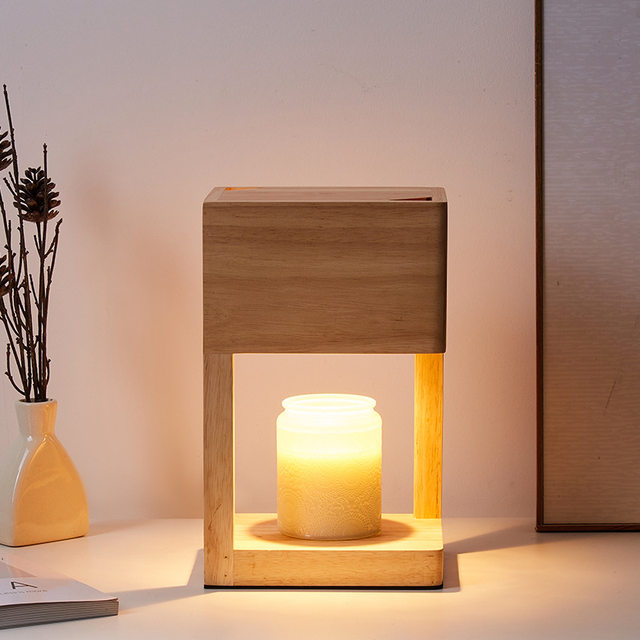 Japanese-Style Natural Wood Flameless Aromatherapy Candle Warmer Lamp, Timed Bedside Table Lamp, Wax Melting Lamp, Ambient Night Light