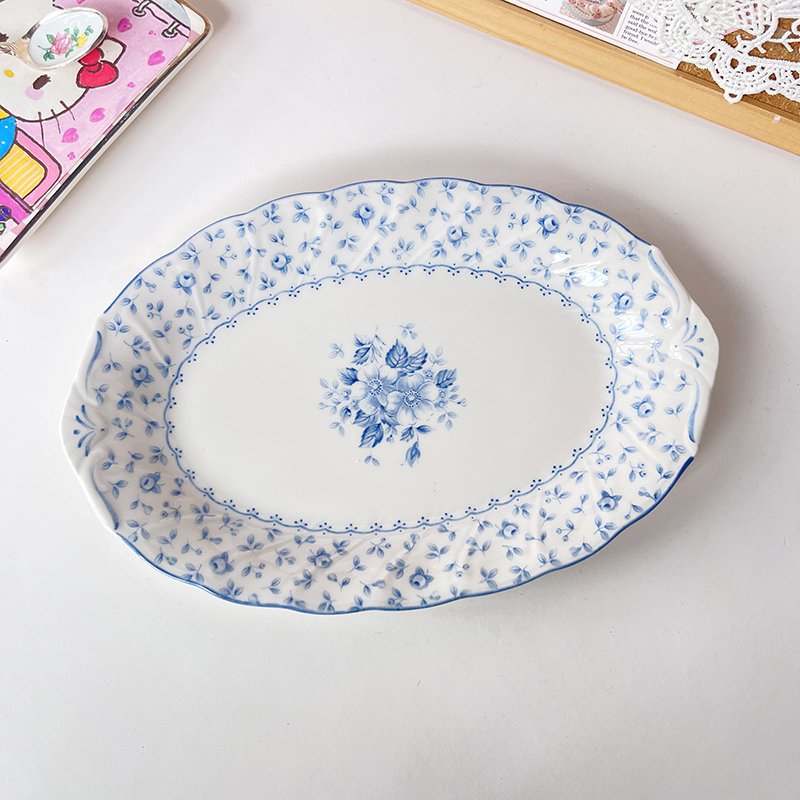 Nikko Embossed Blue and White Pure Beauty Floral Ceramic Plate Long Plate Cake Plate Dish Plate for Home Use Nikko Embossed Blue and White Pure Beauty Floral Ceramic Plate Long Plate Cake Plate Dish Plate for Home Use