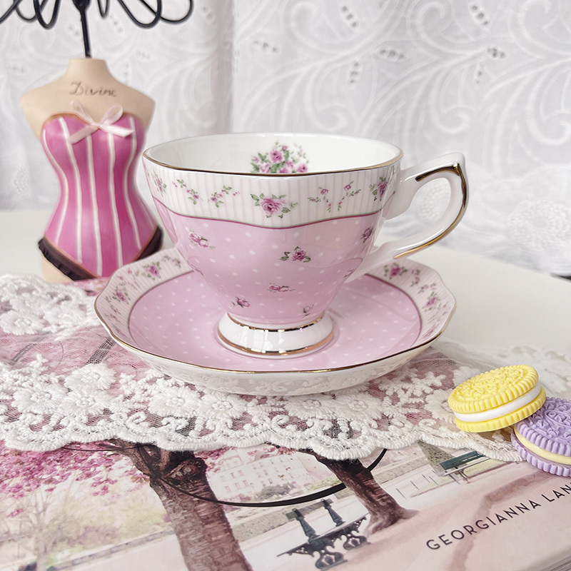Alice's Home European-Style Polka Dot Pink Rose Gold-Plated Coffee Cup with Saucer Afternoon Tea Cup Bone China