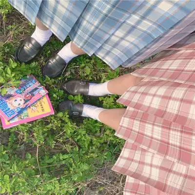 (Swallowjk swallow house)New original aqua blue pink doodle plaid JK uniform pleated skirt