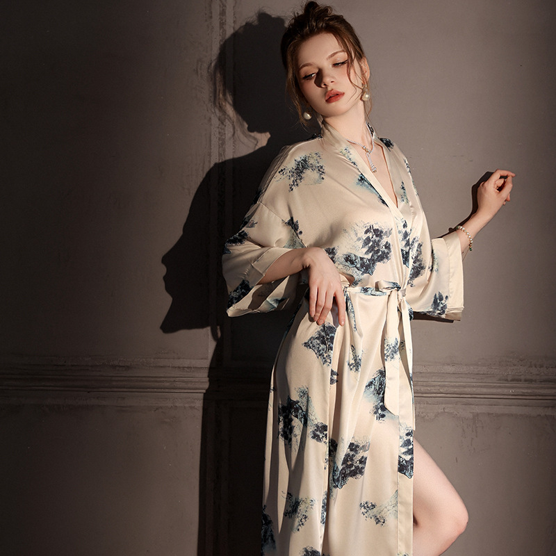 Spring and Autumn Mulberry Silk Single Robe Thin Bathrobe Women's Sexy Morning Robe Silk Pajamas Mid-Length Printed Chinese Style Summer