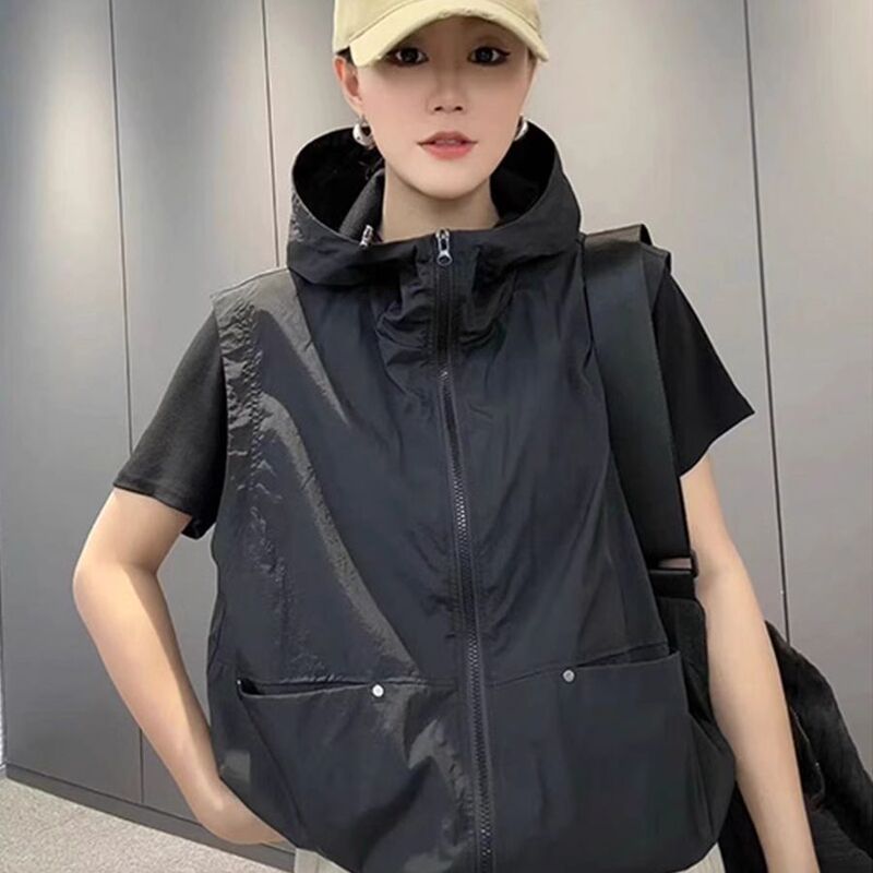 European-Style Sun-Protective Hooded Vest Jacket for Women, 2025 Summer New Design, Loose Sleeveless Hooded Breathable Top