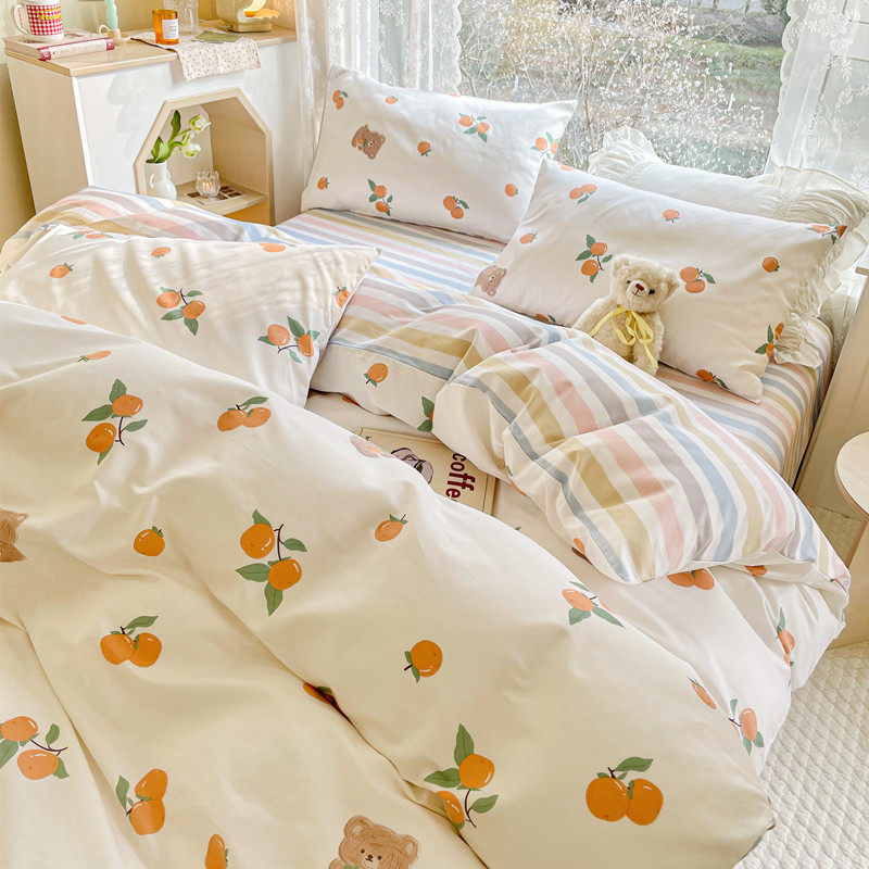 Spring Summer Little Fresh Pure Cotton Four Pieces Brief Teenage Girl Wind 40 Leveled All cotton Korean Department Flower Dormitory Three Sets