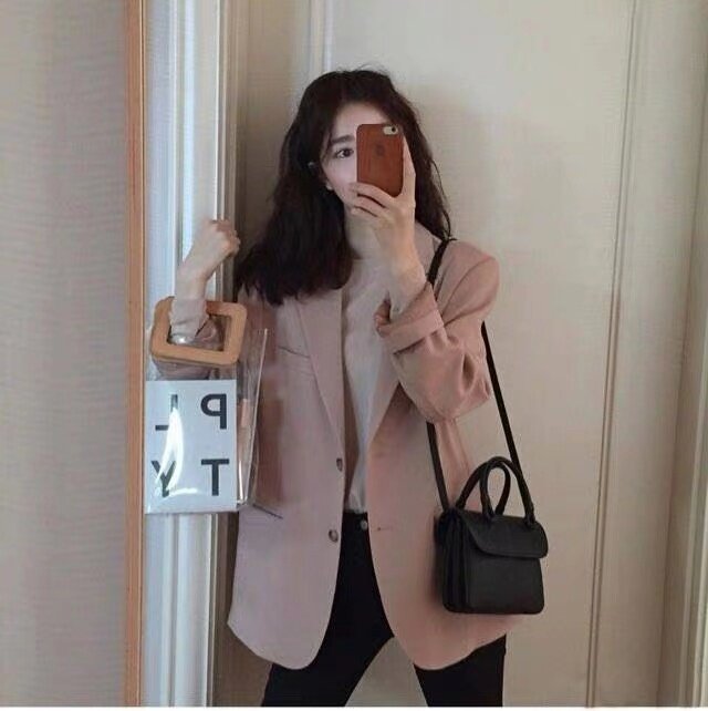 Early autumn chic small suit jacket female Korean version casual 100 lap loose pink medium long version Western suit 2020 new woman