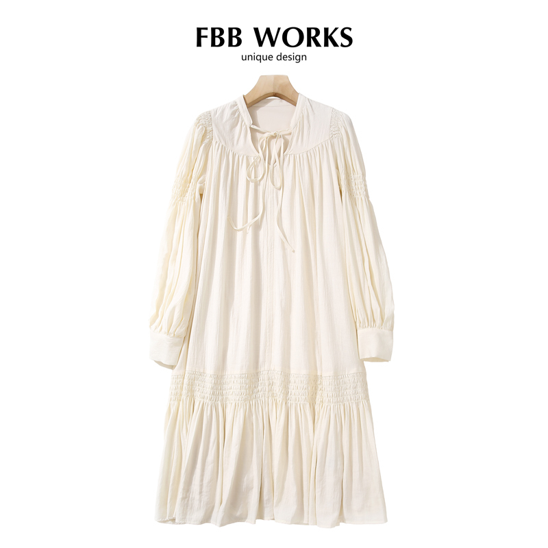 Fbb Works【Flora】Elegant White Dress for Petite Women, New Spring Style with Tie-Up V-Neck Babydoll Dress Fbb Works【Flora】Elegant White Dress for Petite Women, New Spring Style with Tie-Up V-Neck Babydoll Dress
