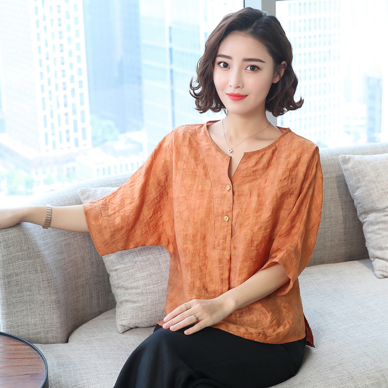 V-neck blouse loose retro cotton linen blouse blouse linen T-shirt short sleeves