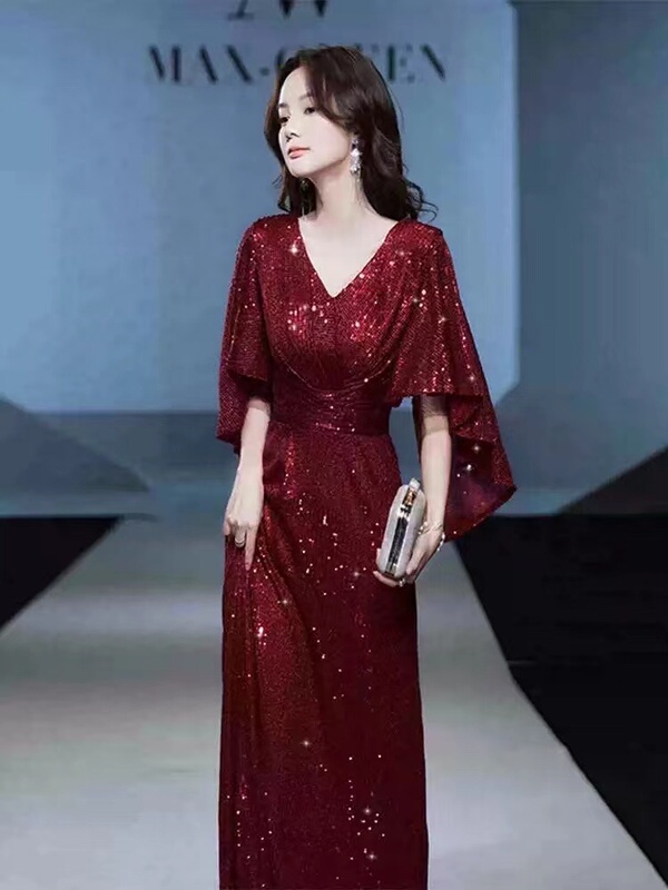 Plus-Size Wedding Dress for Women, Bride, Fat Mm, Wedding Dress That Covers the Body and Makes You Look Slimmer, Red Evening Dress for Banquet, Performance, Annual Meeting Host