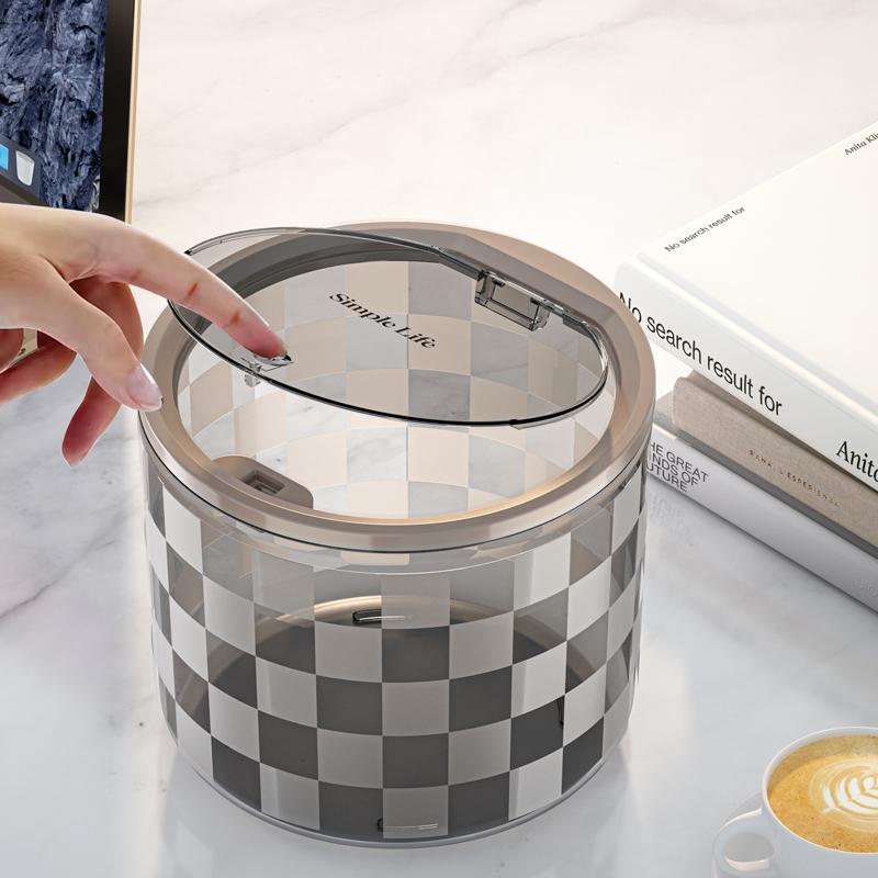 Light Luxury Round Desktop Trash Can with Press Lid, Small Office Trash Bin with Lid, Transparent Small Storage Bin