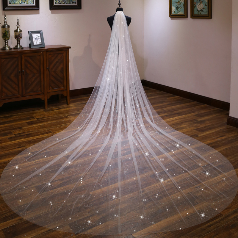 Champagne star veil female bride long tail wedding dress wedding veil headdress long version super fairy forest white