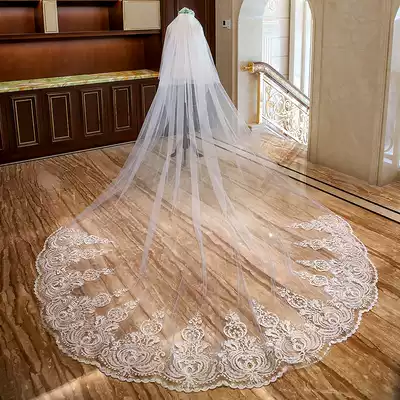 Champagne star yarn female bride super long tailed wedding dress wedding veil long version Super fairy White