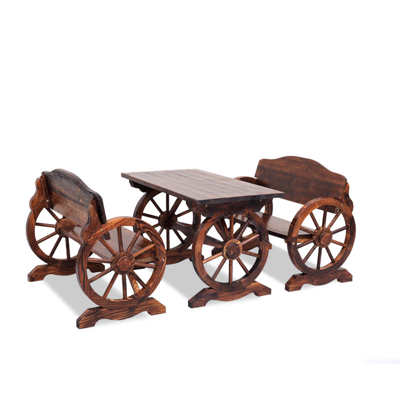 Anti-corrosion wood bar tables and chairs carbonized solid wood outdoor balcony garden tea room courtyard outdoor double wheel tables and chairs