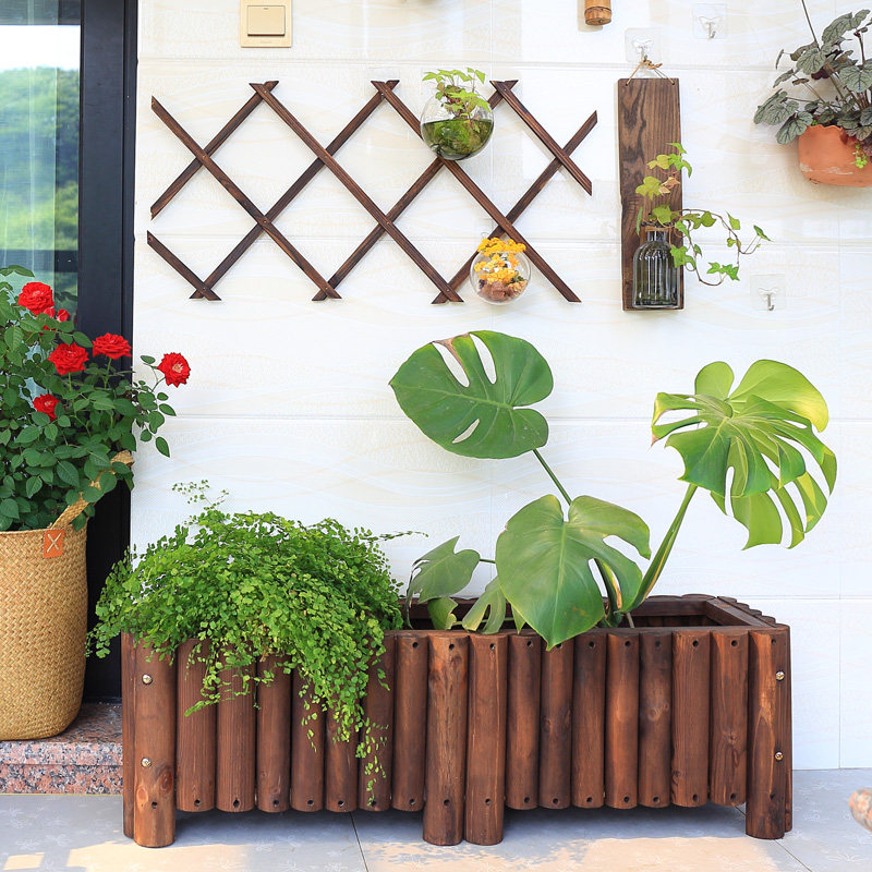 Carbonized anti-corrosion wood cabinet flower trough wood planting box large outdoor solid wood rectangular flower pot cultivation pot