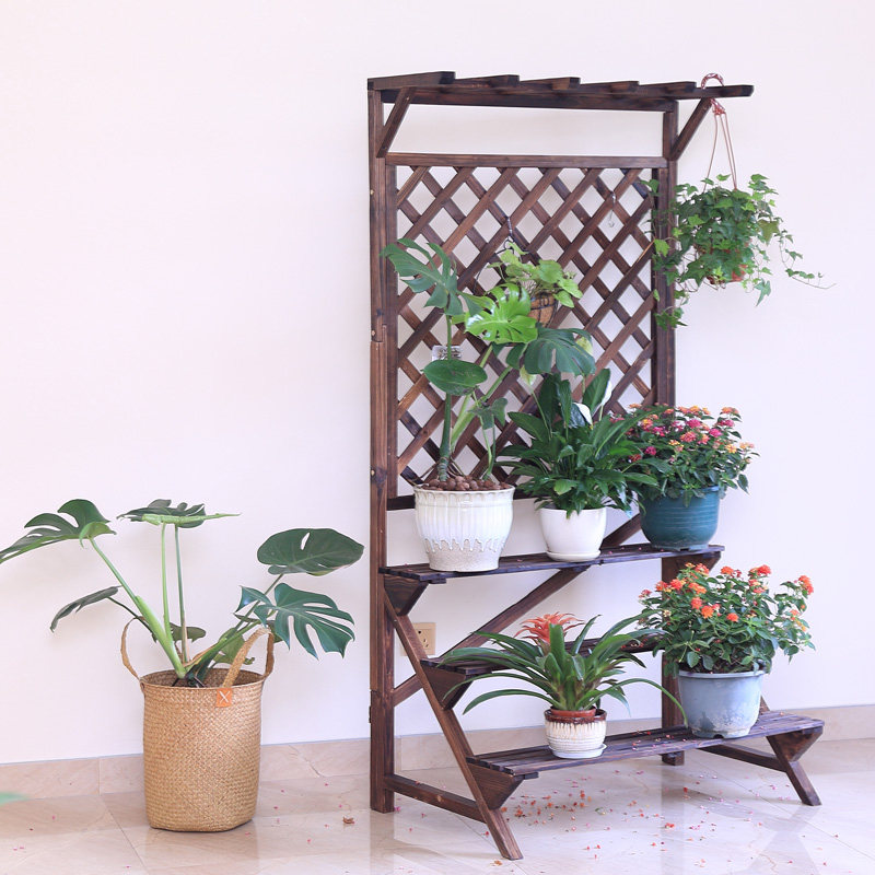 Outdoor multilayer solid wood Balcony Flower Shelf Ladder Embalming Wood Flower Racks Carbonated Wood Grid Flower Pots Shelf Suspension