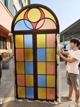 Antique Manchurian window with colored embossed craft glass solid wood frame Begonia flower tempered glass screen partition