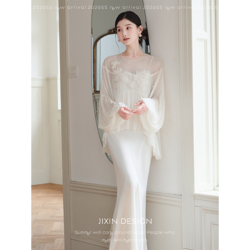 Send a Letter with a Delicate White Mesh Embroidered Top/Satin Slip Dress, a Two-Piece Set with a Light and Airy Feel, Perfect for a Vacation Send a Letter with a Delicate White Mesh Embroidered Top/Satin Slip Dress, a Two-Piece Set with a Light and Airy Feel, Perfect for a Vacation