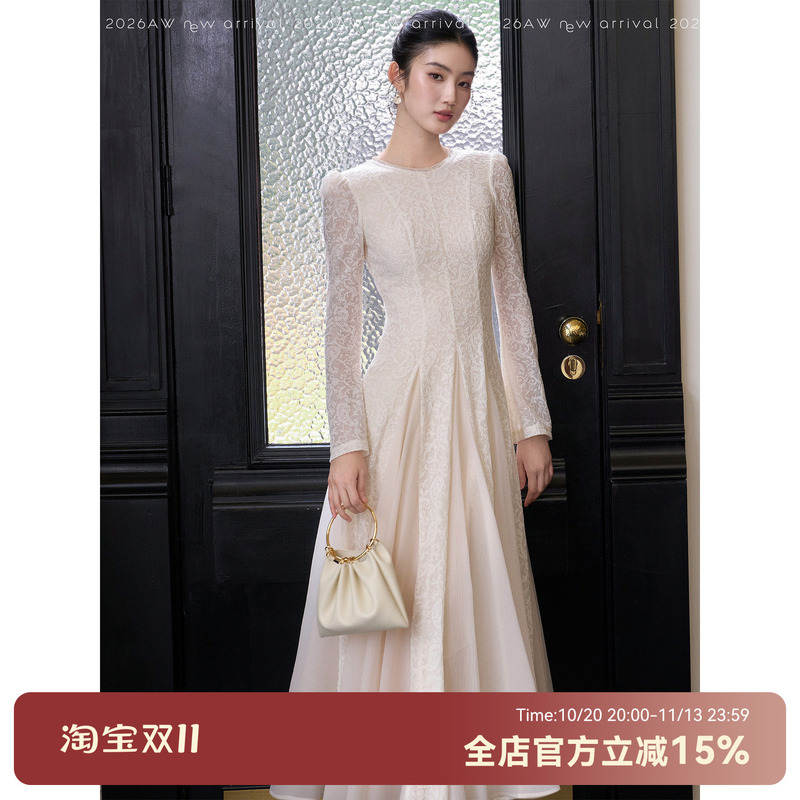 Send a Letter | Yunting Jacquard Lace Patchwork Dress Round Neck Slimming Waist Autumn Style Inner Layer Long Dress for Women Send a Letter | Yunting Jacquard Lace Patchwork Dress Round Neck Slimming Waist Autumn Style Inner Layer Long Dress for Women
