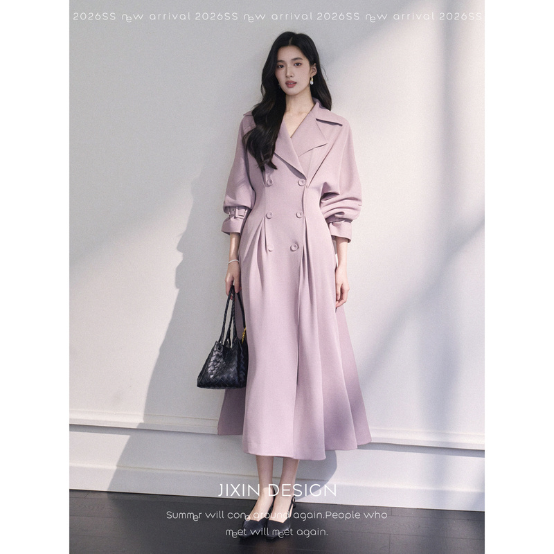 Send a Letter｜Lilac Lilac-Colored Trench Coat with a Turn-Down Collar, Flared Hem, Slimming Ant-Waist Design, and a Textured Misty Purple Coat