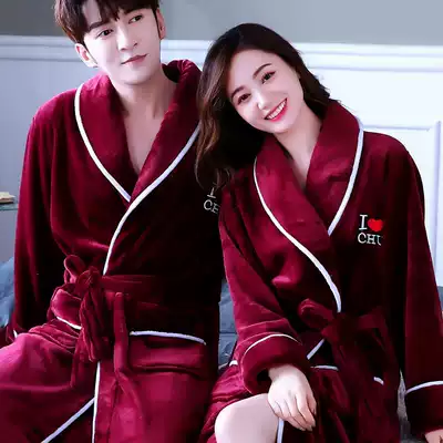 Autumn and winter flannel couples Robe Women's bathrobe nightgown coral velvet long sleeve padded pajamas home clothes men