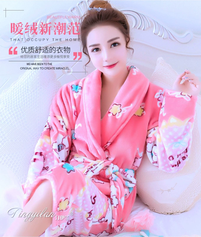 Mùa thu và mùa đông siêu mềm flannel váy ngủ nữ mùa đông dày áo choàng tắm nam cộng với áo dài đôi áo choàng nhung san hô đầm ngủ nữ