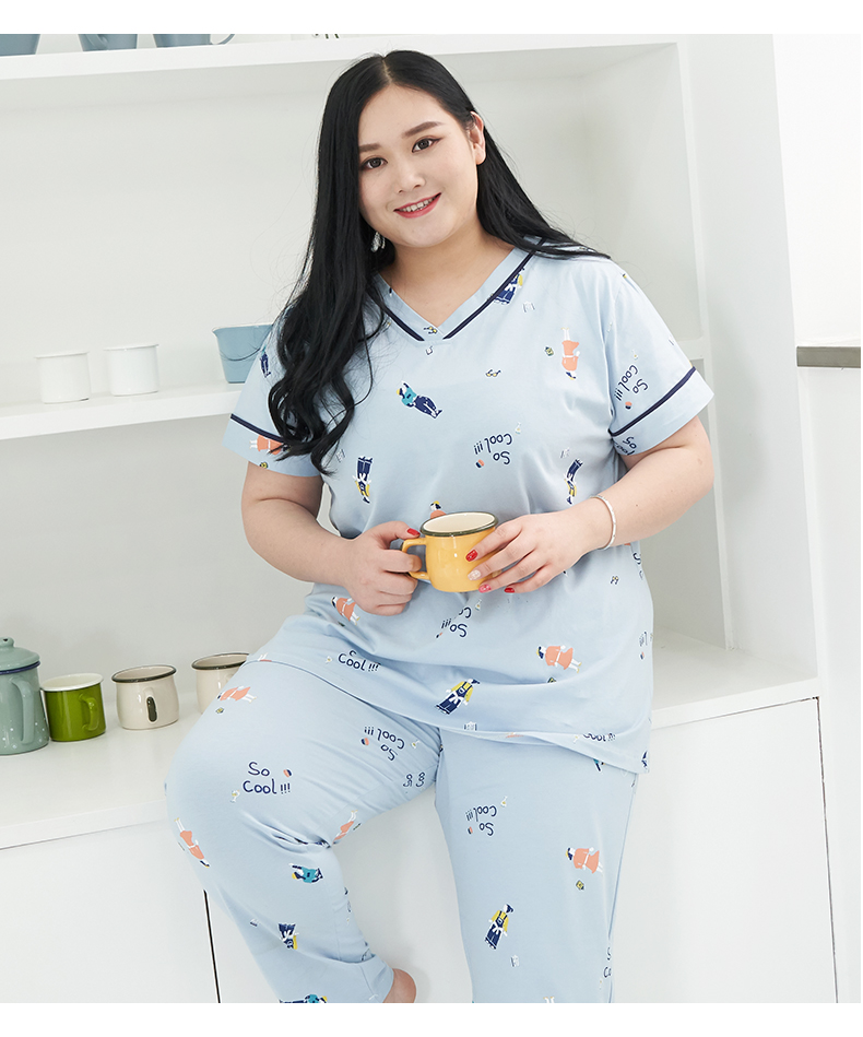 Mùa hè phụ nữ bông v- cổ Hàn Quốc phiên bản của phim hoạt hình đầu nhà dịch vụ phù hợp với chất béo mm kích thước lớn đồ ngủ 200 kg bộ đồ mặc nhà mùa hè cotton