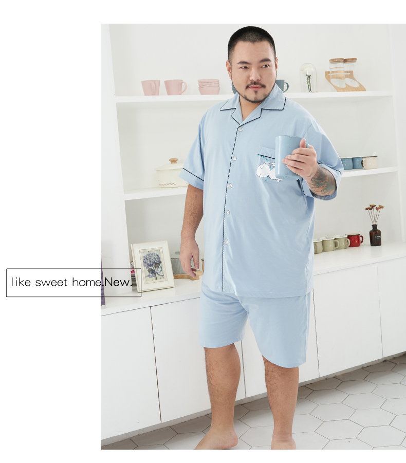 Mùa hè của Nam Giới Cộng Với Phân Bón Tăng Hàn Quốc Mở Bông Ve Áo Béo Extra Large Đồ Ngủ Bộ Dịch Vụ Nhà đồ ngủ nam thu đông