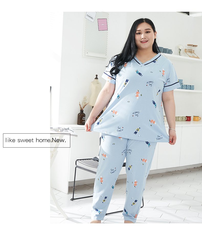 Mùa hè phụ nữ bông v- cổ Hàn Quốc phiên bản của phim hoạt hình đầu nhà dịch vụ phù hợp với chất béo mm kích thước lớn đồ ngủ 200 kg bộ đồ mặc nhà mùa hè cotton