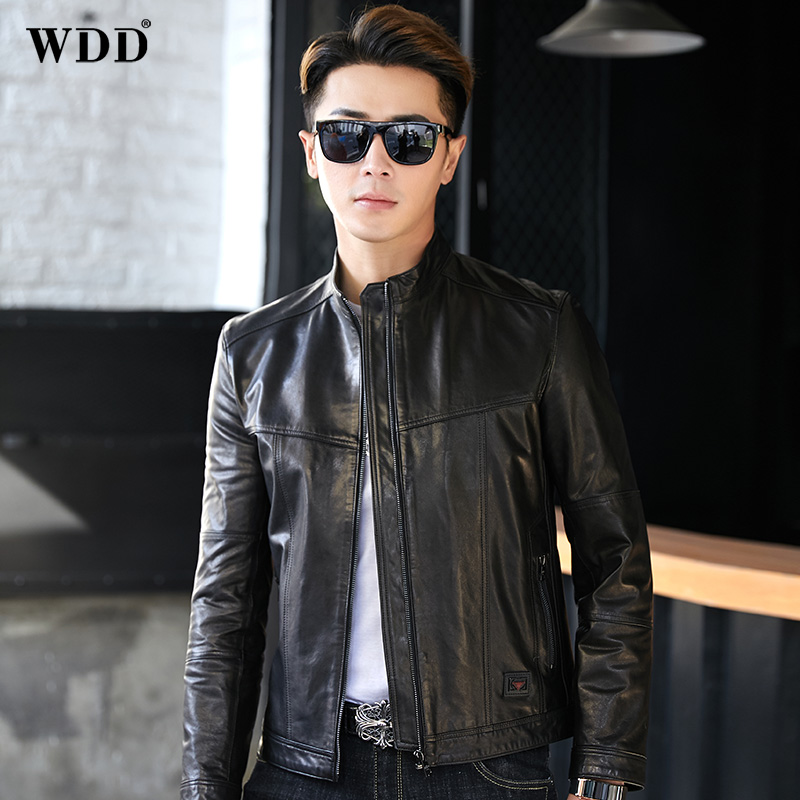 Haining genuine leather jacket men's short stand collar goat leather jacket slim fit motorcycle suit handsome youth autumn and winter jacket tide