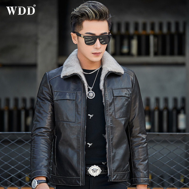 Men Henning genuine leather leather clothing Mountain lamb fur integrated water mink liner short leather jacket swarm winter jacket
