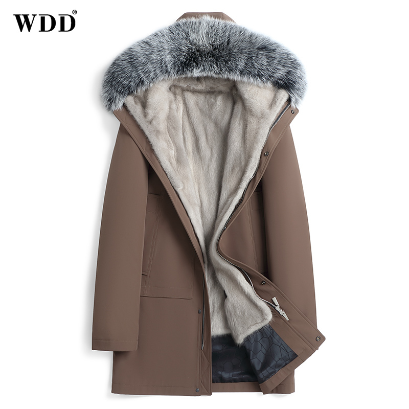Haining Parka Men's Mid-Length Hooded Mink Fur Lined Fox Fur Collar Whole Mink Fur Coat Winter Jacket