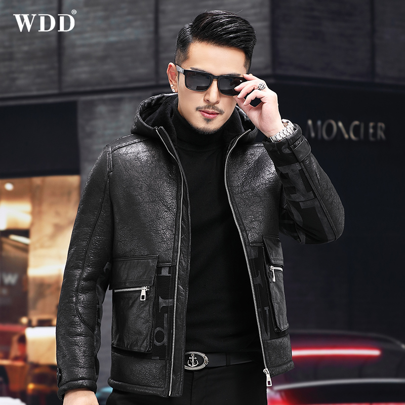Henning genuine leather fur coat for men leather wool integrated with cap leather jacket sheep cut cashmere leather grass winter jacket