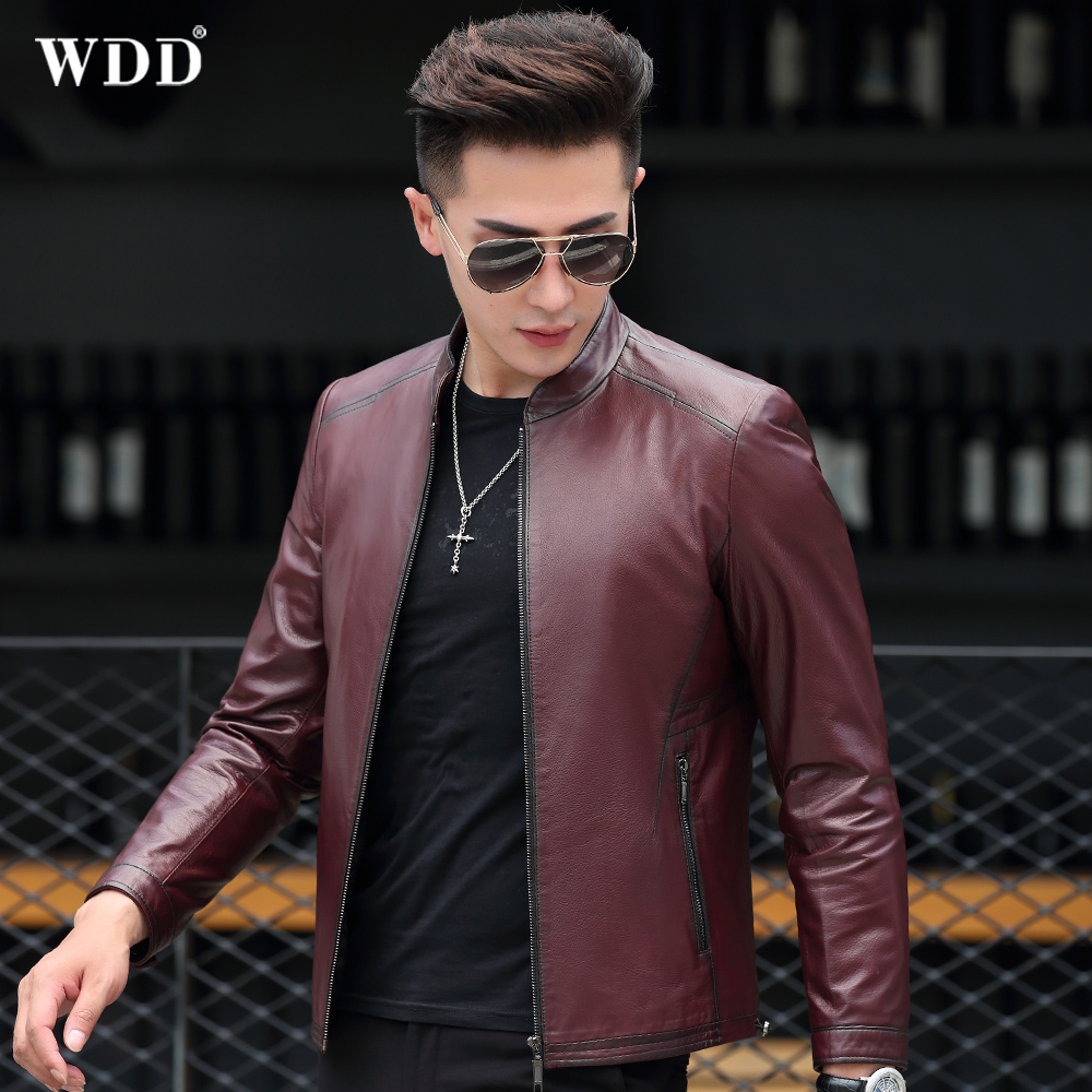 Henning Genuine Leather Leather Clothing Men's Short locomotive leather jacket Mountain Sheep leather upstanding collar Spring-autumn-thin single-layer leather jacket